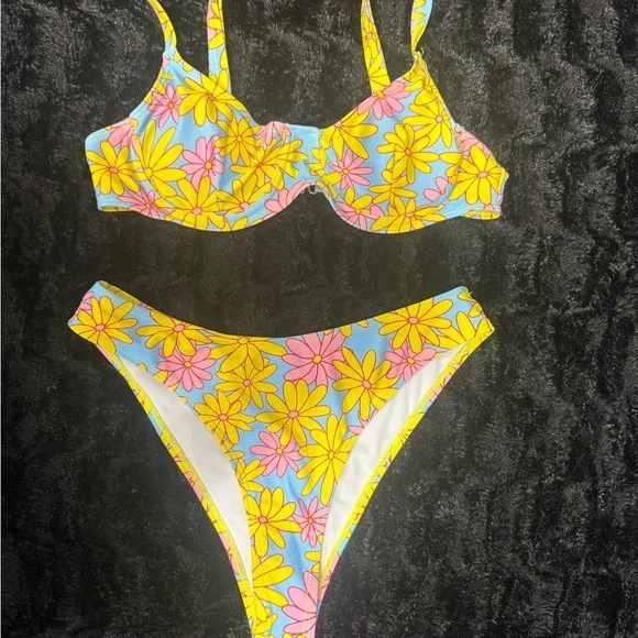 Floral Daisy Bikini One-Piece for Kids - Yellow & Pink Flowers on Blue - Picture 1 of 7